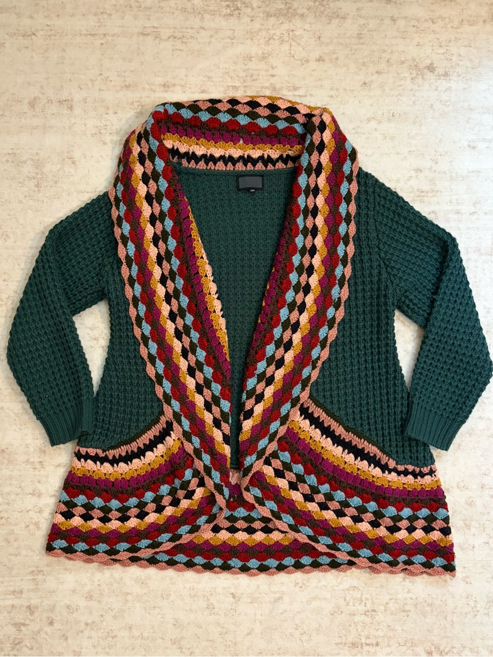 BAR III S/M crocheted open cardigan, in green with colorful trim